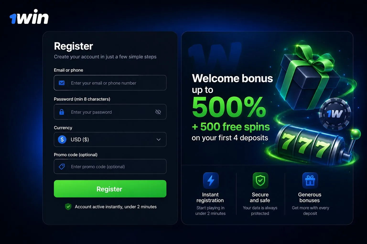 Welcome rewards waiting for new members at 1Win login