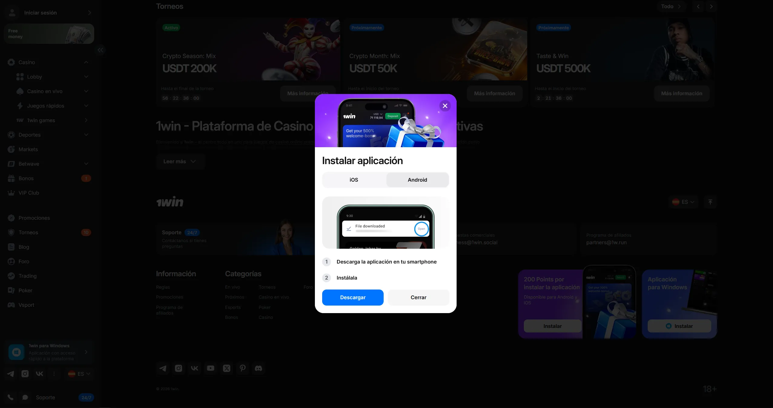 Pasos para instalar la 1win APP en Android